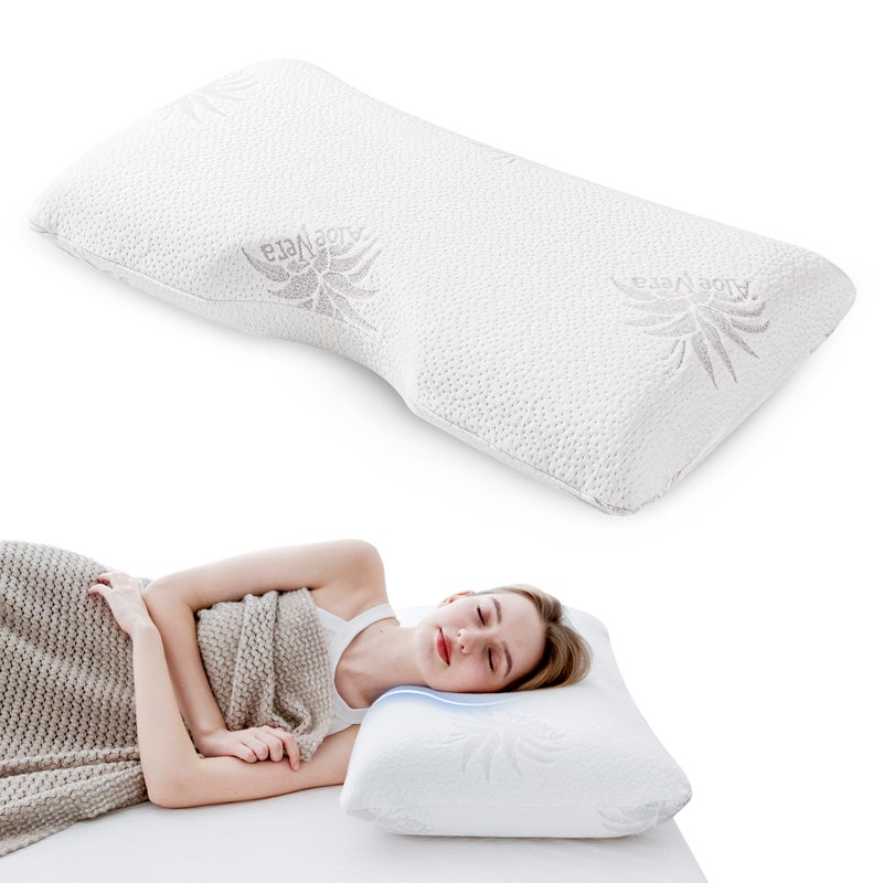 MLILY EGOHOME Cervical Neck Pillow, Aloe Vera Infused Memory Foam, Side Sleeper Pillow for Neck Pain, Skin Friendly, Medium Firm, 30x16 Inches - Image 1
